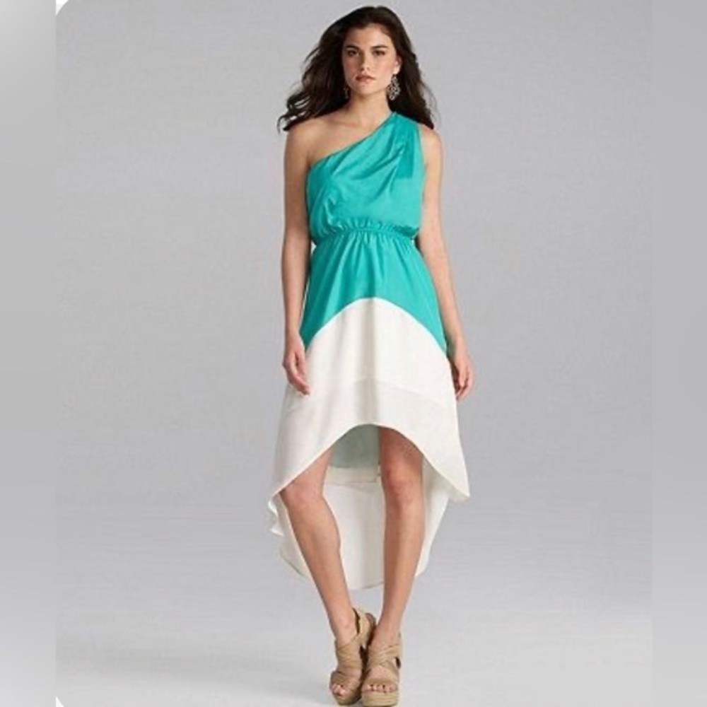 Gianni Bini high low off shoulder teal green and white dress size medium